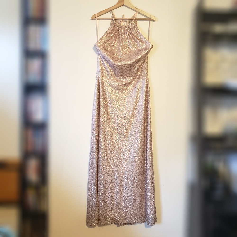 AMSALE Rose Gold Matte Sequin halter long dress